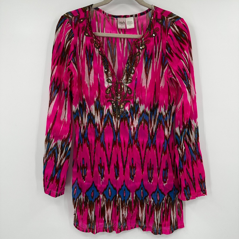 INC International Concepts Beach Pink Ikat Sequin Embellished Mesh Tunic‎ Medium